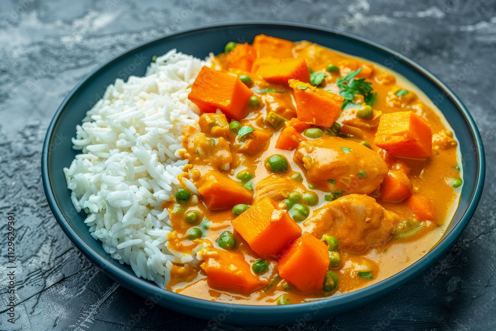 Close-up of domoda vegetables peanut stew with pumpkin, chicken, rice and green peas in blue plate on grey background, traditional african cuisine, flavorful and delicious dish of Gambia. Close-up of domoda vegetables peanut stew with pumpkin, chicken, rice and green peas in blue plate on grey background, traditional african cuisine, flavorful and delicious dish of Gambia.