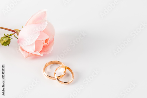 Elegant wedding rings and pink rose on white background