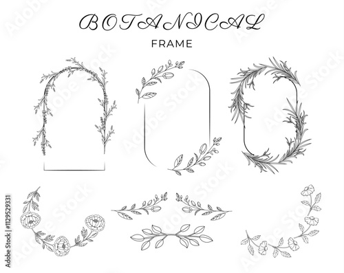 Minimalistic Herbal Botanical set of border. Collection of trendy modern hand drawn frame with flowers. Single line art and clip art.  Silhouette. Elements. Cut out. Elegance wedding template. Design