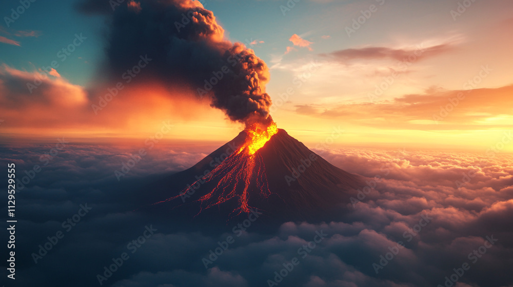 Fototapeta premium Erupting Volcano at Sunset Dramatic Aerial View