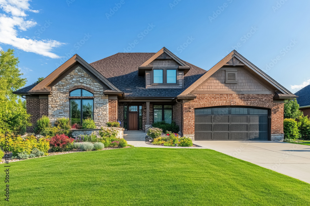Front view of classic suburban family house made of brick, tiles roof, with garage and green lawn, cozy individual house.