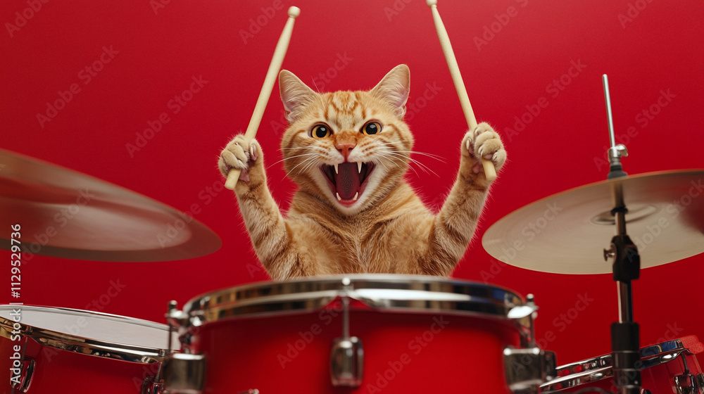 Fototapeta premium Funny Cat Drummer Red Background Musical Pet Drums Cymbals Playful Kitty