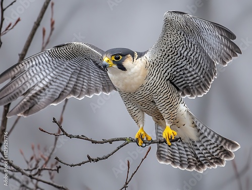 Peregrine falcon perched on branch with wings spread in majestic flight stance photo