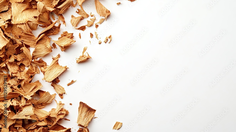 Scattered wood shavings on white background. Scattered wood shavings on white background.