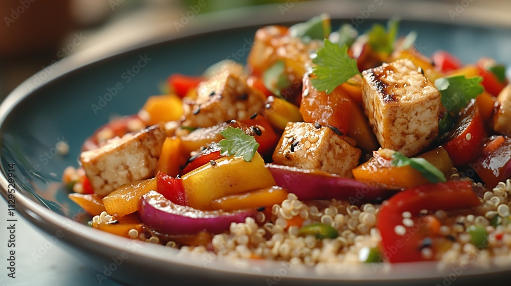 Pan-fried tofu and vegetable quinoa bowl. Pan-fried tofu and vegetable quinoa bowl.