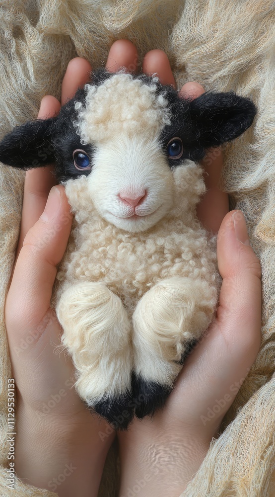 A lamb with blue eyes resting on someone's palm. Holiday card. Jesus found the lost sheep, carrying it in his arms. Conceptual theme of the biblical story. A lamb with blue eyes resting on someone's palm. Holiday card. Jesus found the lost sheep, carrying it in his arms. Conceptual theme of the biblical story.