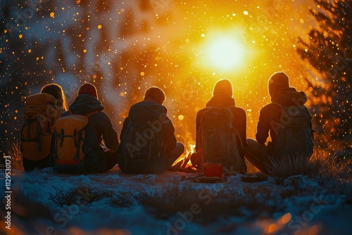 Group of Friends Camping in Winter Sunset Glow.