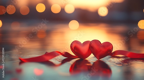 Two Red Hearts Resting on a Ribbon at Sunset photo