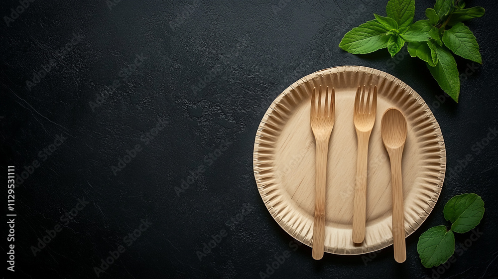 Fototapeta premium Eco Friendly Disposable Plate Wooden Cutlery Sustainable Dining