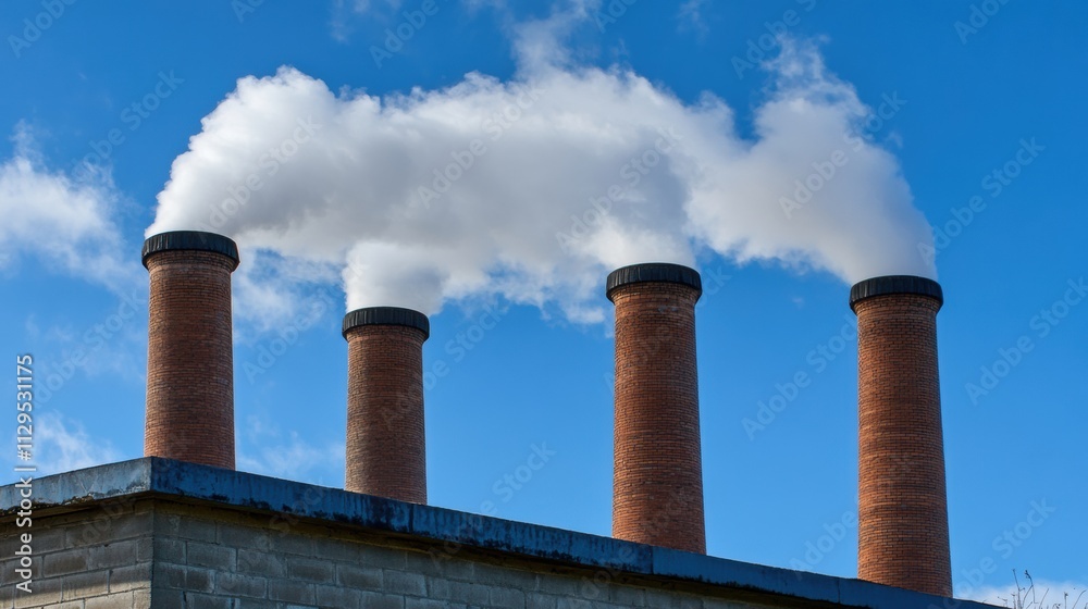 Four chimneys releasing white smoke into blue sky Four chimneys releasing white smoke into blue sky