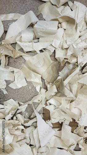 Removing old wallpaper. Renovation. A pile of paper and old wallpaper on the floor.