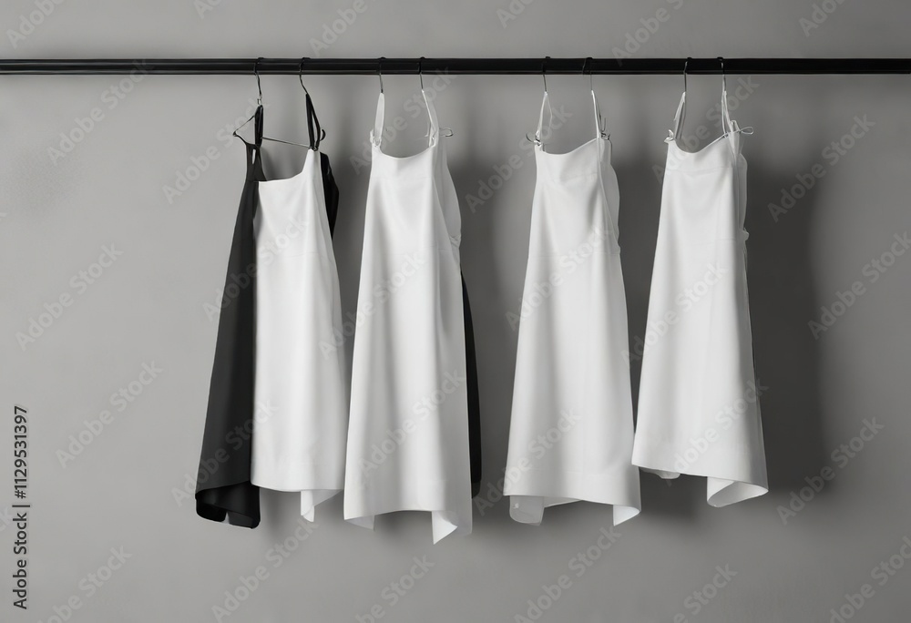Fototapeta premium Simple and elegant black and white aprons hanging on hooks, domestic work, apron strings