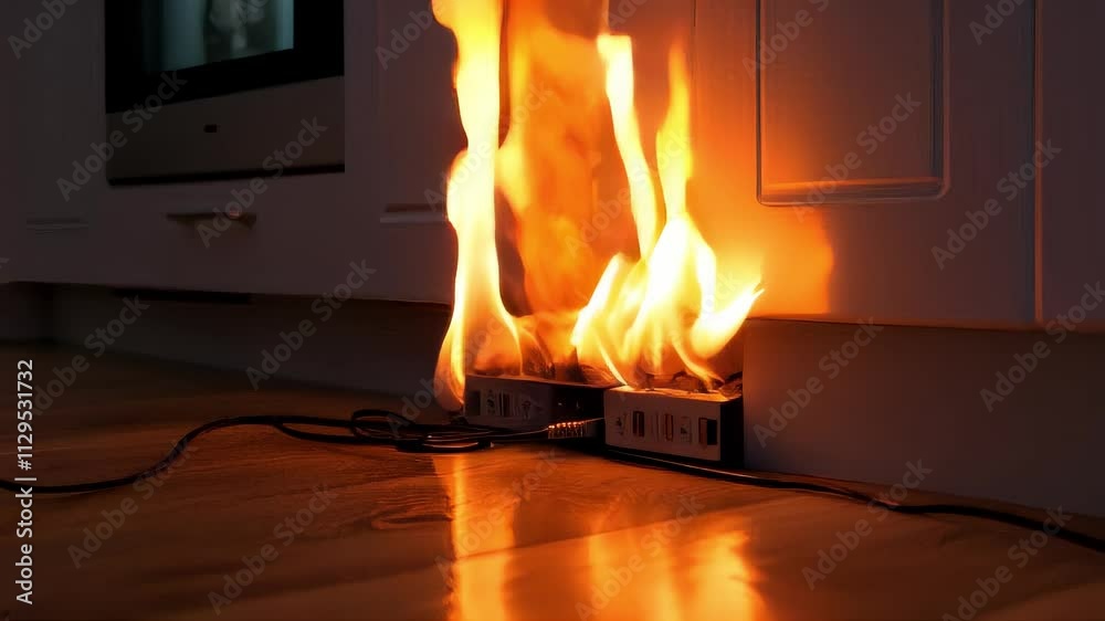 An electrical outlet on fire in a kitchen highlights the dangers of faulty wiring and electrical overload. Ideal for safety and prevention campaigns.. AI Generation