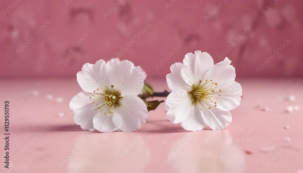 Single white cherry blossom flower on a pink surface, minimal, serene Single white cherry blossom flower on a pink surface, minimal, serene