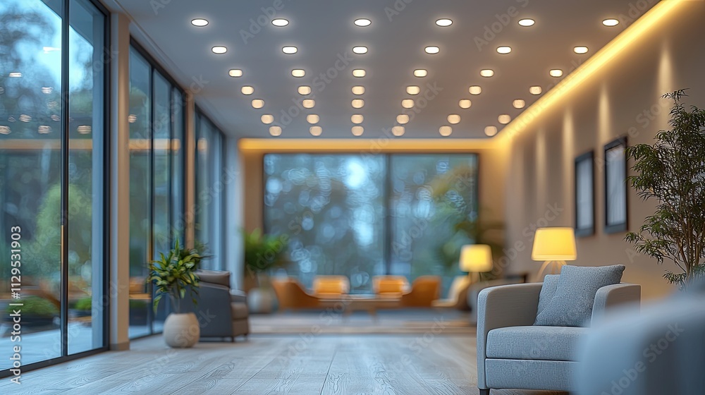 Modern interior design brings warmth and brightness to a spacious lounge area with large windows and soft lighting Modern interior design brings warmth and brightness to a spacious lounge area with large windows and soft lighting