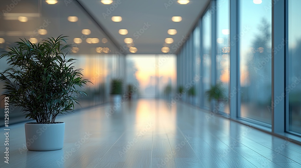 Modern corridor with plants and large windows during sunset in an office building Modern corridor with plants and large windows during sunset in an office building
