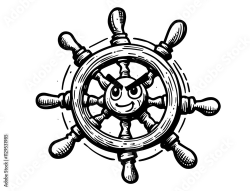 steering wheel on a ship vector coloring, cartoon drawing fun comic fairytale outline funny vintage marine water black