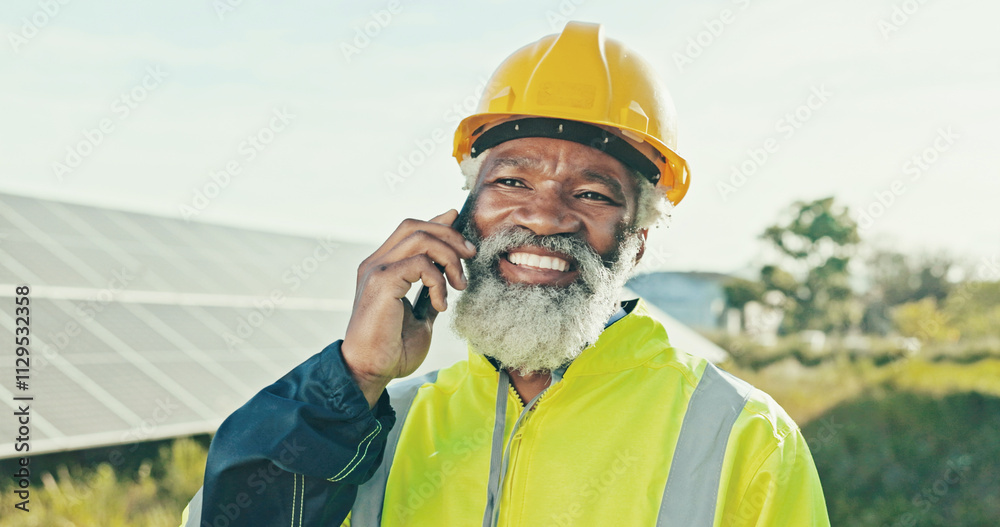 Happy engineer, solar energy and man with phone call for photovoltaic plate feedback and troubleshooting. Mature worker, customer communication and network integration for quality assurance on field Happy engineer, solar energy and man with phone call for photovoltaic plate feedback and troubleshooting. Mature worker, customer communication and network integration for quality assurance on field