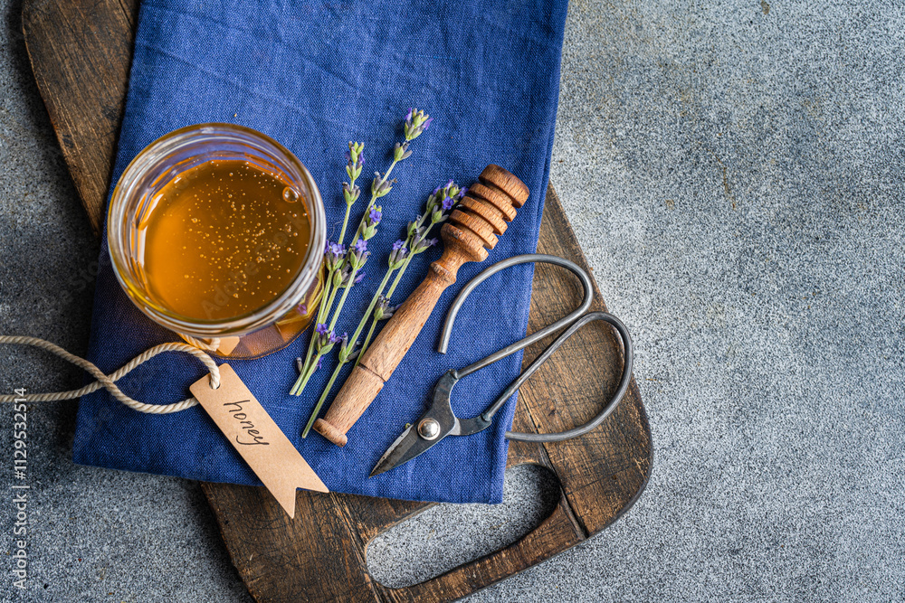 Lavender honey scene with rustic accents and earthy tones Lavender honey scene with rustic accents and earthy tones