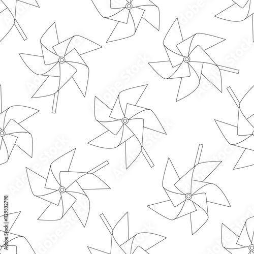 Vector seamless pattern with black vector illustration of a group black origami paper toy windmills isolated on a white background. Playing equipment depicting toy pinwheel.