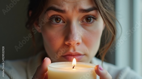  A close-up of a woman holding a scented candle, looking disappointed as she realizes she cannot smell it photo