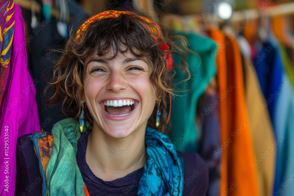 Cheerful Woman Vibrant Clothing on Hangers Cheerful Woman Vibrant Clothing on Hangers