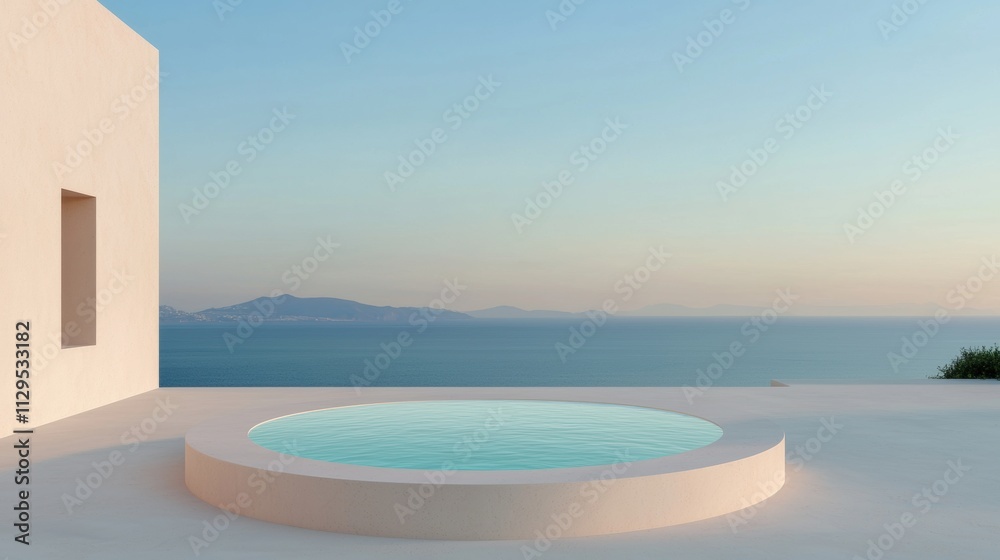 Fototapeta premium Beautiful view of the ocean from a rooftop. the sky is a clear blue and the horizon is visible in the distance. the ocean is a deep blue-green color and the water is calm and still.