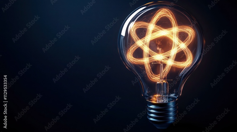 Radiant atom model glowing inside a light bulb, representing scientific exploration, on a deep navy background. Radiant atom model glowing inside a light bulb, representing scientific exploration, on a deep navy background.