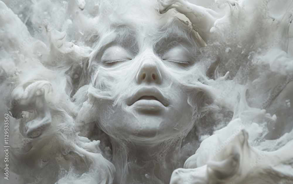 Abstract Portraits of Human Faces Emerging from Swirling Smoke with Ethereal and Monochromatic Art Style Abstract Portraits of Human Faces Emerging from Swirling Smoke with Ethereal and Monochromatic Art Style