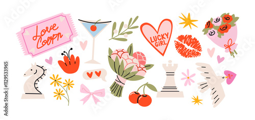 Lucky girls cartoon cute stickers. Set of girly patches with bows of girl power, flowers badges in retro doodle groovy vintage 90s style