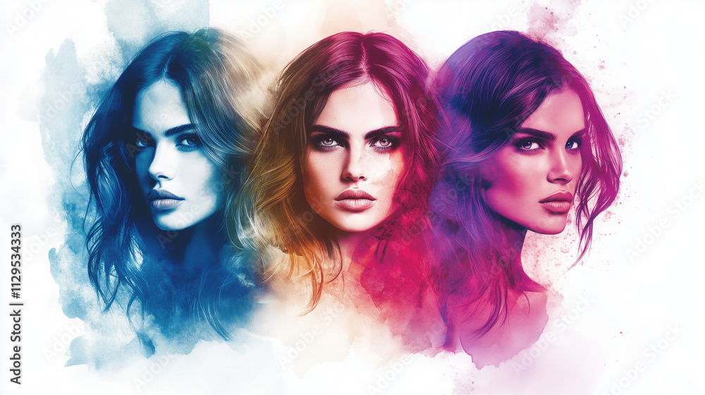 Obraz premium Triple female portraits in vibrant blue, pink, and purple tones