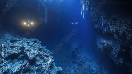 Underwater cave exploration with diver and submersible.
