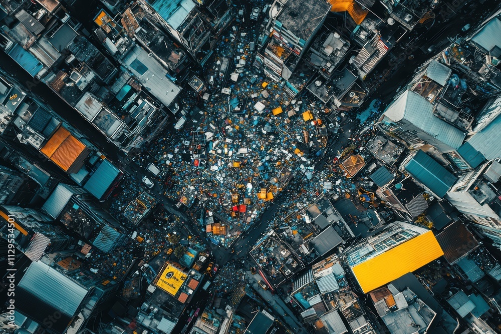Fototapeta premium Aerial view of a densely packed urban area filled with buildings and a vibrant mix of colors, showcasing the complexity of city life.
