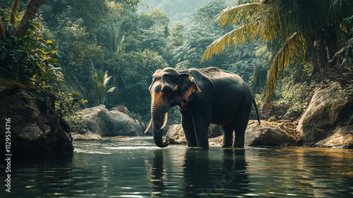 Large elephant is standing in a river surrounded by trees. The elephant is looking at the camera, and the scene has a peaceful and serene mood photo