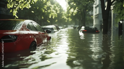 Flooded city streets with cars after heavy rain photo