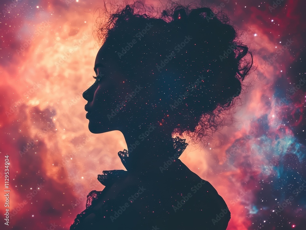 Celestial silhouette of a woman against a cosmic background ethereal art digital illustration night sky profile view dreamlike concept Celestial silhouette of a woman against a cosmic background ethereal art digital illustration night sky profile view dreamlike concept