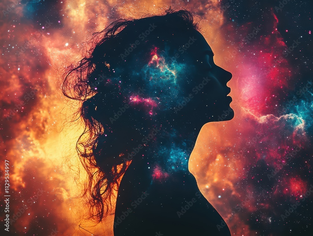 Cosmic silhouette of a woman against a colorful galaxy background abstract art digital illustration inspiring creative concept Cosmic silhouette of a woman against a colorful galaxy background abstract art digital illustration inspiring creative concept