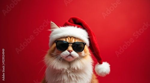 Merry Christmas concept holiday vacation winter animal pet greeting card - Cool santa claus cat with sunglasses and santa hat, isolated on red background