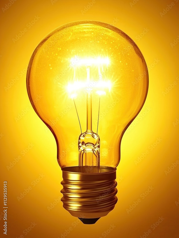 A light bulb is lit up and shining brightly on a yellow background A light bulb is lit up and shining brightly on a yellow background