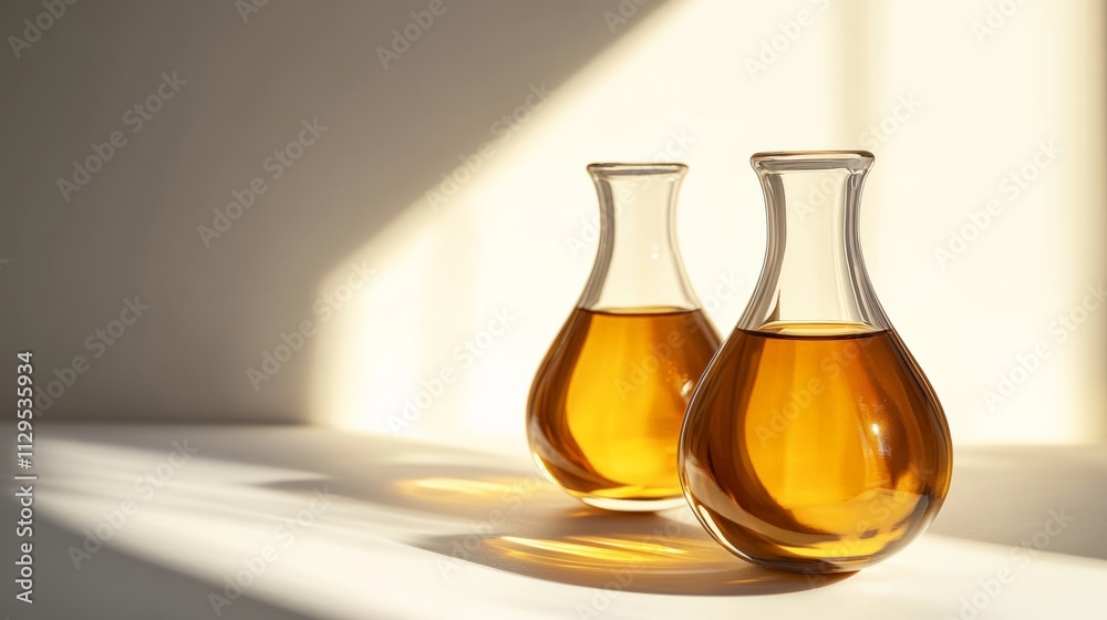 Two elegant glass bottles filled with golden liquid sit on a white table, illuminated by soft sunlight. Two elegant glass bottles filled with golden liquid sit on a white table, illuminated by soft sunlight.