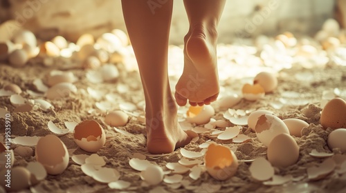 A person carefully stepping on a path made entirely of eggshells, each step taken delicately to avoid breaking them, symbolizing a sensitive