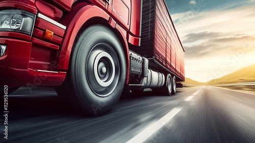 Red truck driving on highway during sunset with motion blur effect