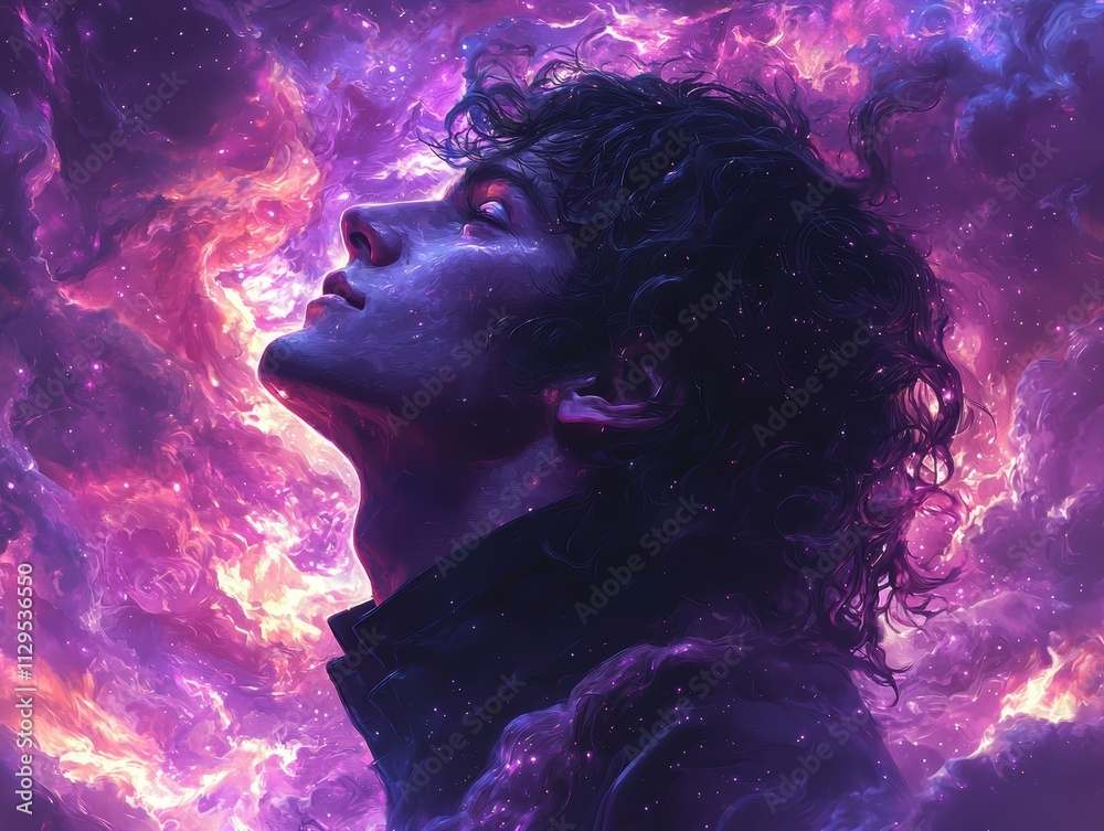 Fototapeta premium Ethereal silhouette of a man gazing at cosmic wonders abstract art digital realm profile perspective mystical exploration