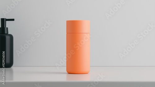 Wallpaper Mural Two objects on a white surface. on the left side, there is a black bottle with a pump dispenser. the bottle is cylindrical in shape and has an orange lid. Torontodigital.ca