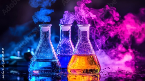 Vibrant Glass Flasks with Colorful Chemical Reactions and Smoke Against a Dark Background for Science and Experimentation Themes photo