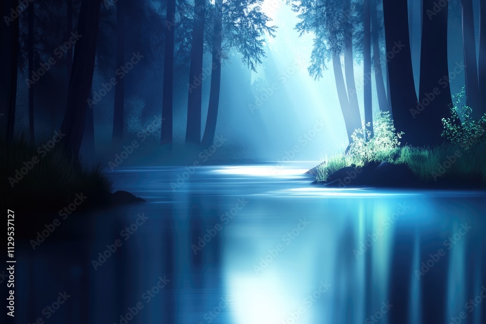 Obraz premium A tranquil forest scene featuring a serene river reflecting a soft blue luminescence, surrounded by towering trees and captivating natural light.