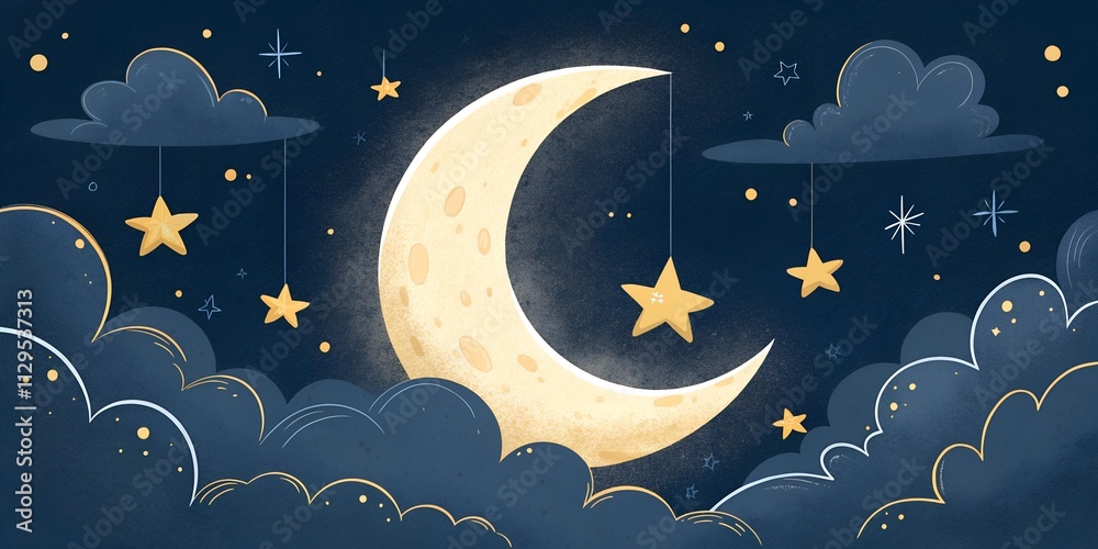 Naklejka premium glowing crescent moon surrounded by floating clouds and stars on a dark indigo background