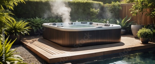 Hot tub on wooden deck, steaming water, lush garden.