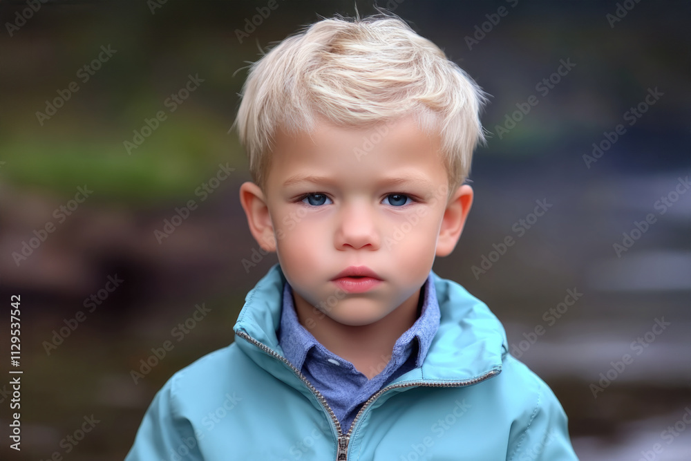 A young blond child wearing a light blue jacket stands outdoors with a serious expression, surrounded by a softly blurred natural background. A young blond child wearing a light blue jacket stands outdoors with a serious expression, surrounded by a softly blurred natural background.