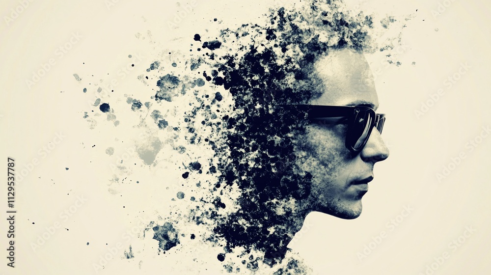 Portrait of a young man dissolving into abstract art with splashes of color Portrait of a young man dissolving into abstract art with splashes of color